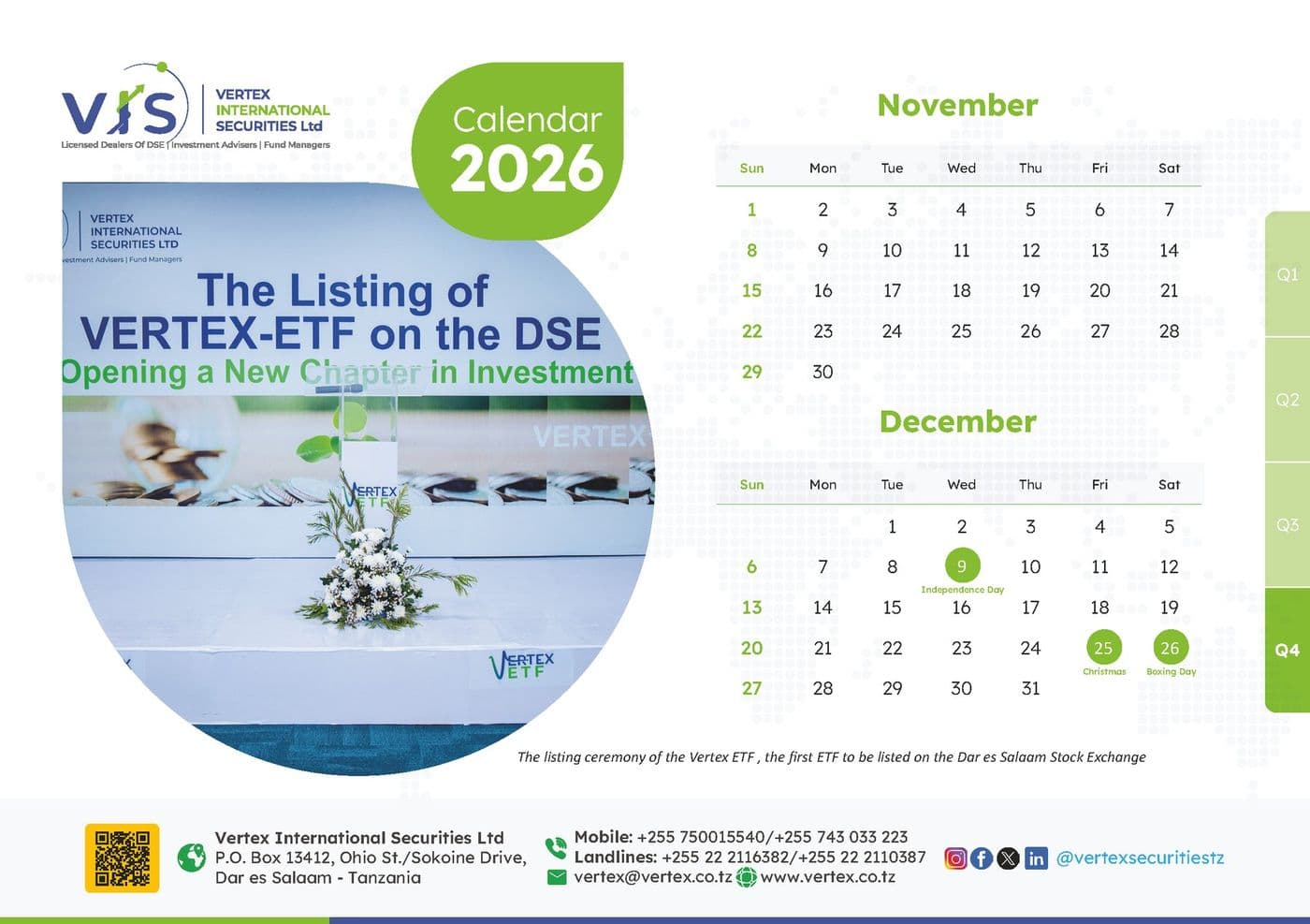 Vertex International Securities 2026 desk calendar produced by Tembosoft